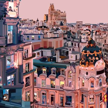 ilustración dela ciudad de madrid durante la cuarentena, donde la vida está en las ventanas de los edificios