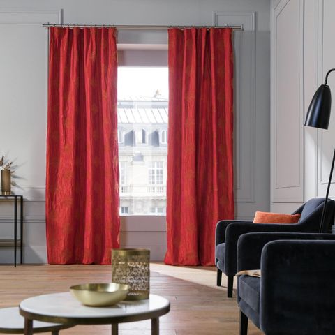 Curtain, Window treatment, Interior design, Room, Red, Living room, Furniture, Window covering, Property, Textile, 