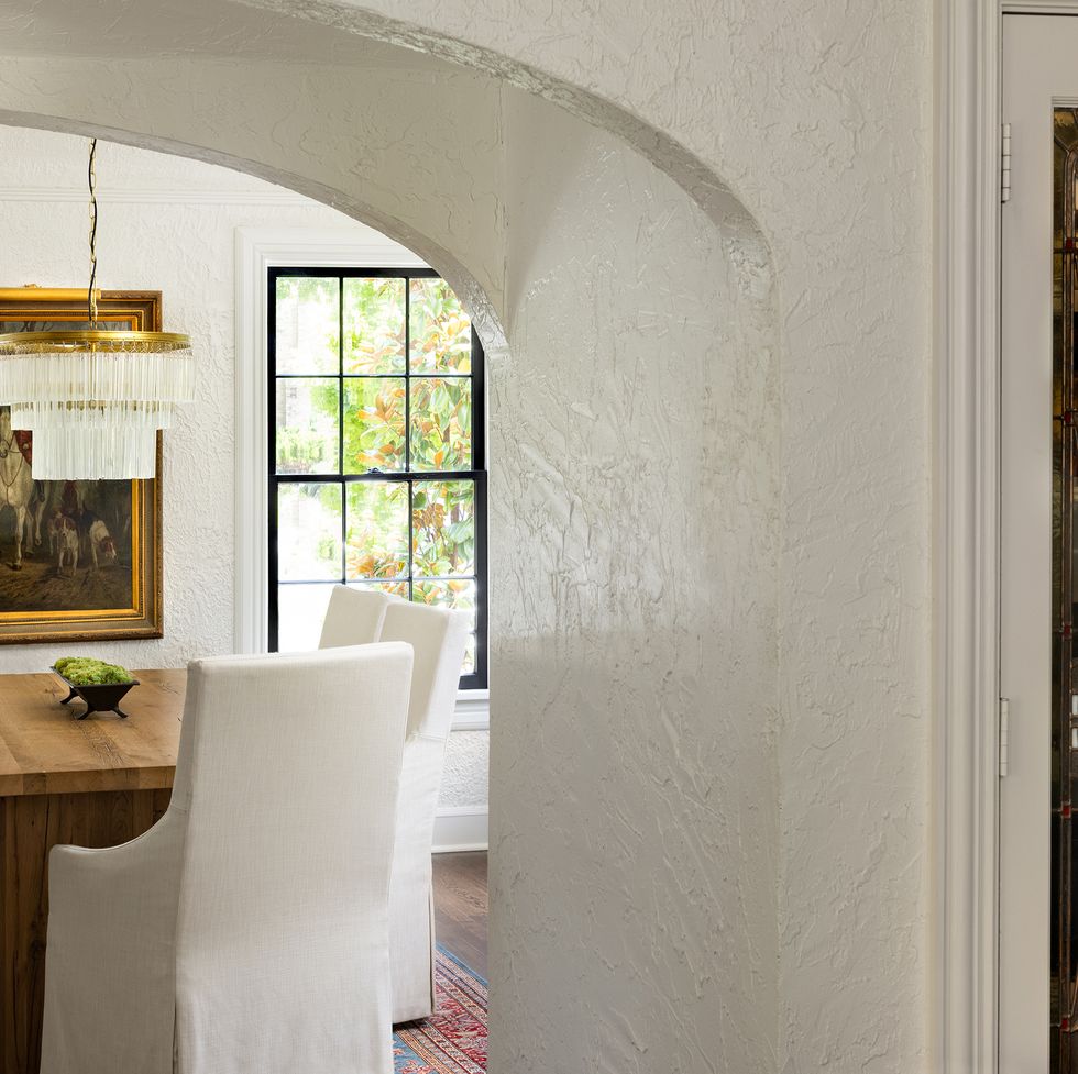 white dining room with textured walls