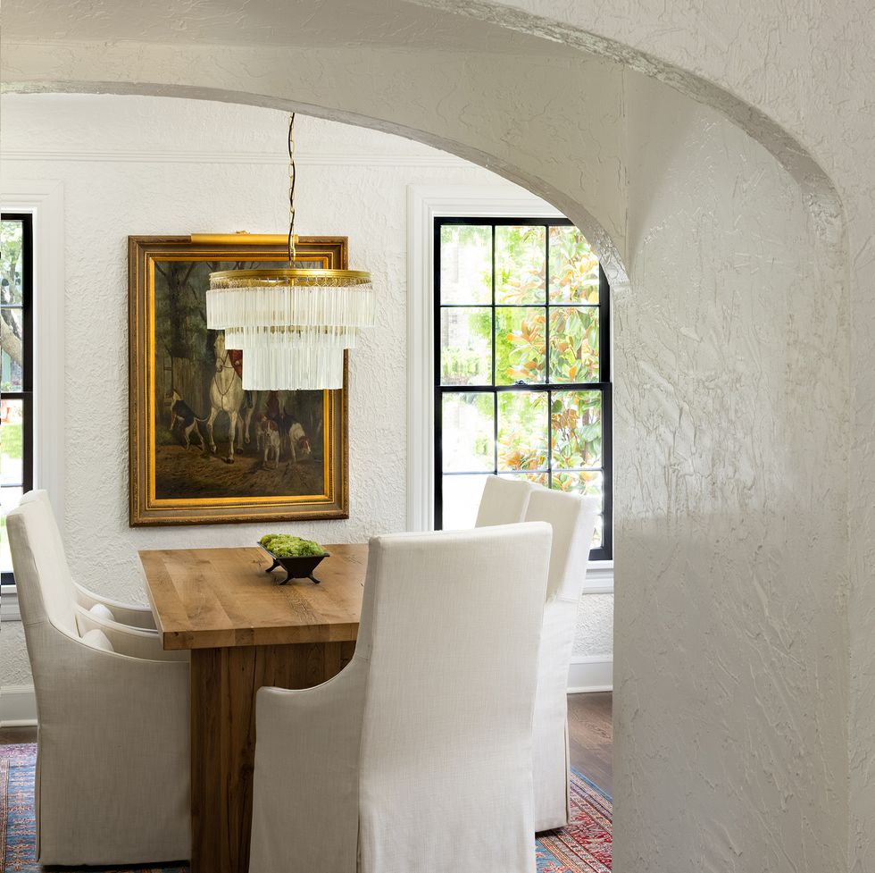 white dining room with textured walls