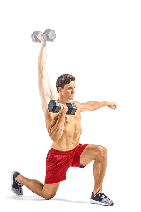 total body muscle workout reverse lunge to single arm overhead press