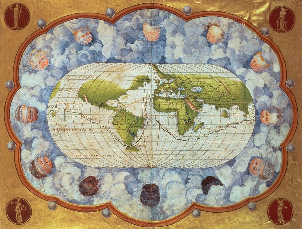 Een kaart uit 1545 toont de route van de wereldreis van Magellan een mijlpaal in het eeuwenlange proces van globalisering