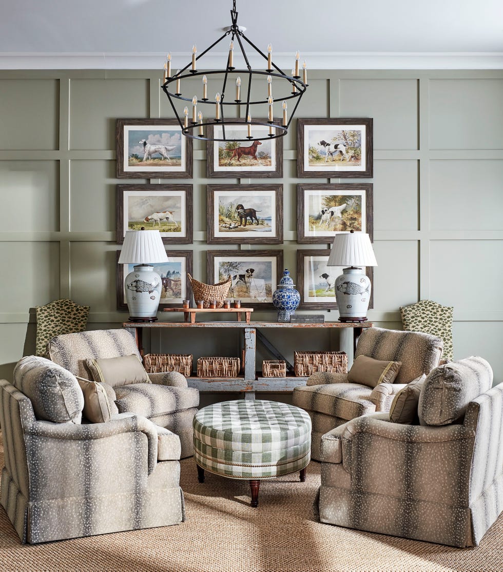 living room with animal print chairs