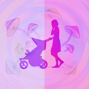 rainbow swirl spiral abstract background, magic mushrooms, mom pushing stroller