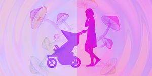 rainbow swirl spiral abstract background, magic mushrooms, mom pushing stroller