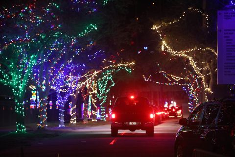car riding down road with brightly colored christmas lights strung throughout the trees on both sides
