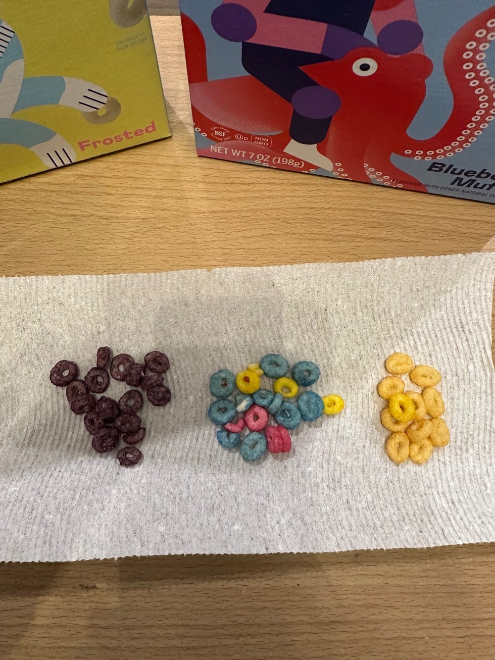 assortment of colorful cereal pieces organized on a paper towel