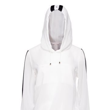 White, Hood, Clothing, Hoodie, Outerwear, Sleeve, Sweatshirt, Jacket, Neck, Top, 