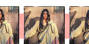 Clothing, Product, Yellow, Textile, Art, Outerwear, Visual arts, Sari, Beige, Pattern, 