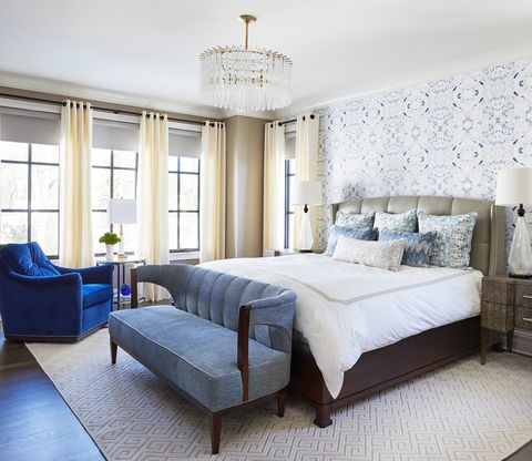 blue and white contemporary bedroom