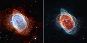 this side by side comparison shows observations of the southern ring nebula in near infrared light, at left, and mid infrared light, at right, from nasa’s webb telescopethis scene was created by a white dwarf star – the remains of a star like our sun after it shed its outer layers and stopped burning fuel though nuclear fusion those outer layers now form the ejected shells all along this viewin the near infrared camera nircam image, the white dwarf appears to the lower left of the bright, central star, partially hidden by a diffraction spike the same star appears – but brighter, larger, and redder – in the mid infrared instrument miri image this white dwarf star is cloaked in thick layers of dust, which make it appear larger the brighter star in both images hasn’t yet shed its layers it closely orbits the dimmer white dwarf, helping to distribute what it’s ejectedover thousands of years and before it became a white dwarf, the star periodically ejected mass – the visible shells of material as if on repeat, it contracted, heated up – and then, unable to push out more material, pulsated stellar material was sent in all directions – like a rotating sprinkler – and provided the ingredients for this asymmetrical landscapetoday, the white dwarf is heating up the gas in the inner regions – which appear blue at left and red at right both stars are lighting up the outer regions, shown in orange and blue, respectivelythe images look very different because nircam and miri collect different wavelengths of light nircam observes near infrared light, which is closer to the visible wavelengths our eyes detect miri goes farther into the infrared, picking up mid infrared wavelengths the second star more clearly appears in the miri image, because this instrument can see the gleaming dust around it, bringing it more clearly into viewthe stars – and their layers of light – steal more attention in the nircam image, while dust plays the lead in the miri image, specifically dust that is illuminated peer at the circular region at the center of both images each contains a wobbly, asymmetrical belt of material this is where two “bowls” that make up the nebula meet in this view, the nebula is at a 40 degree angle this belt is easier to spot in the miri image – look for the yellowish circle – but is also visible in the nircam imagethe light that travels through the orange dust in the nircam image – which look like spotlights – disappear at longer infrared wavelengths in the miri imagein near infrared light, stars have more prominent diffraction spikes because they are so bright at these wavelengths in mid infrared light, diffraction spikes also appear around stars, but they are fainter and smaller zoom in to spot themphysics is the reason for the difference in the resolution of these images nircam delivers high resolution imaging because these wavelengths of light are shorter miri supplies medium resolution imagery because its wavelengths are longer – the longer the wavelength, the coarser the images are but both deliver an incredible amount of detail about every object they observe – providing never before seen vistas of the universefor a full array of webb’s first images and spectra, including downloadable files, please visit httpswebbtelescopeorgnewsfirst images nircam was built by a team at the university of arizona and lockheed martin’s advanced technology centermiri was contributed by esa and nasa, with the instrument designed and built by a consortium of nationally funded european institutes the miri european consortium in partnership with jpl and the university of arizona