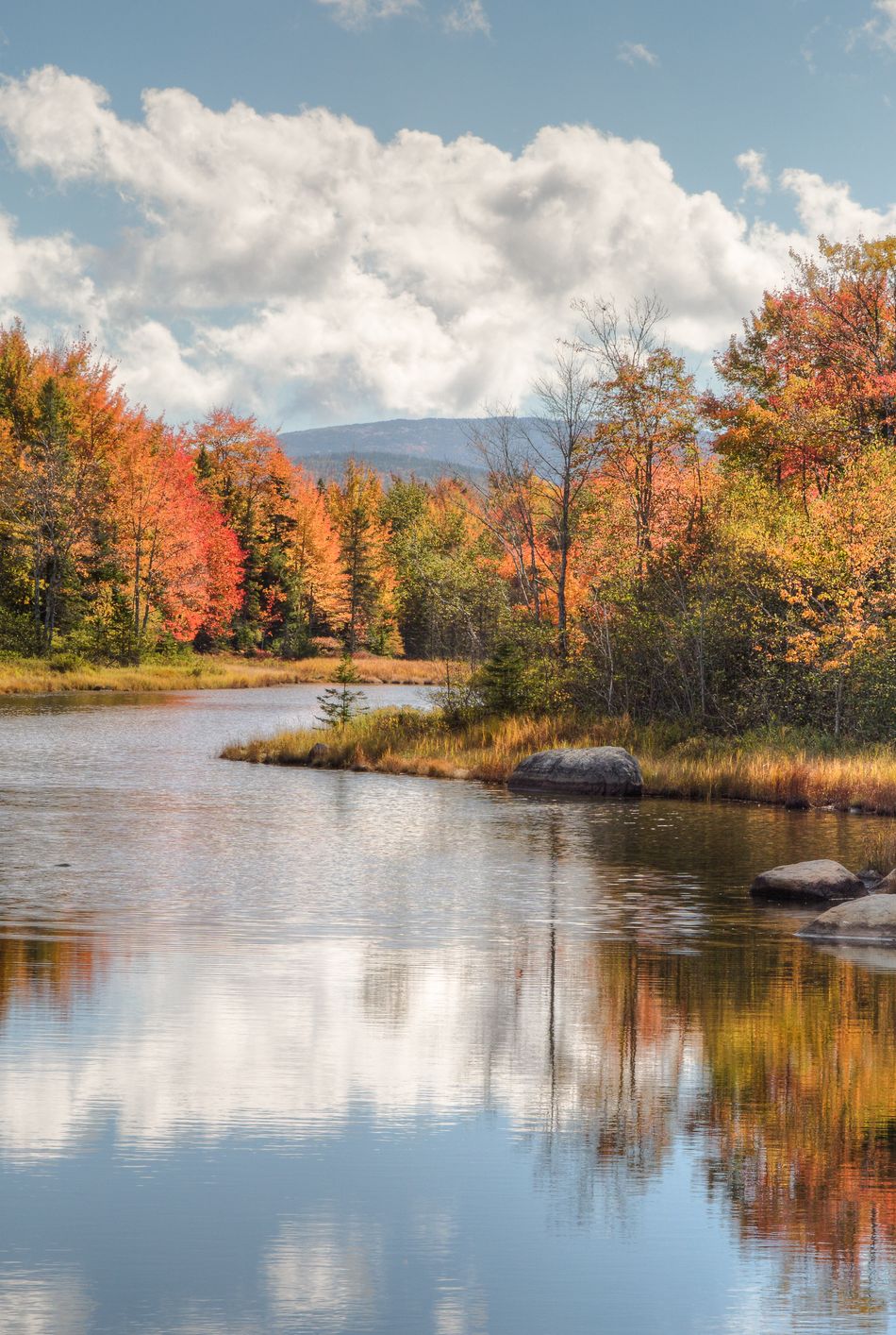 maine river with colorful fall foliage