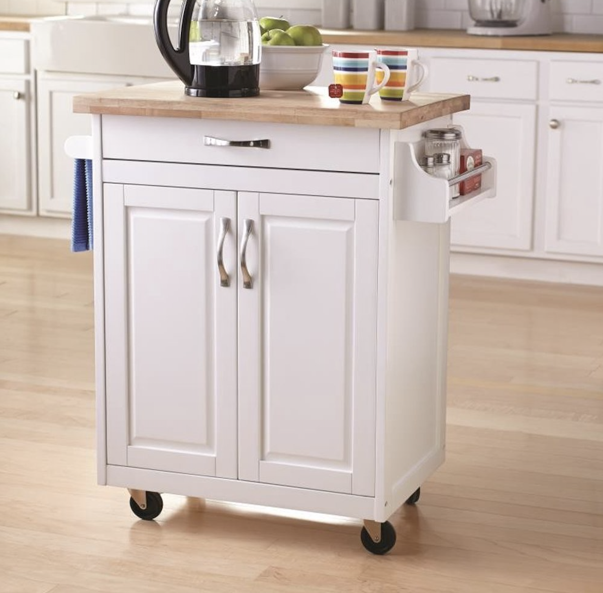 white kitchen island cart with wood top