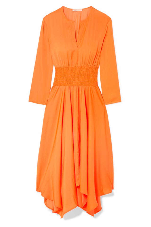 Clothing, Orange, Dress, Day dress, Yellow, Sleeve, Neck, Cocktail dress, Peach, A-line, 