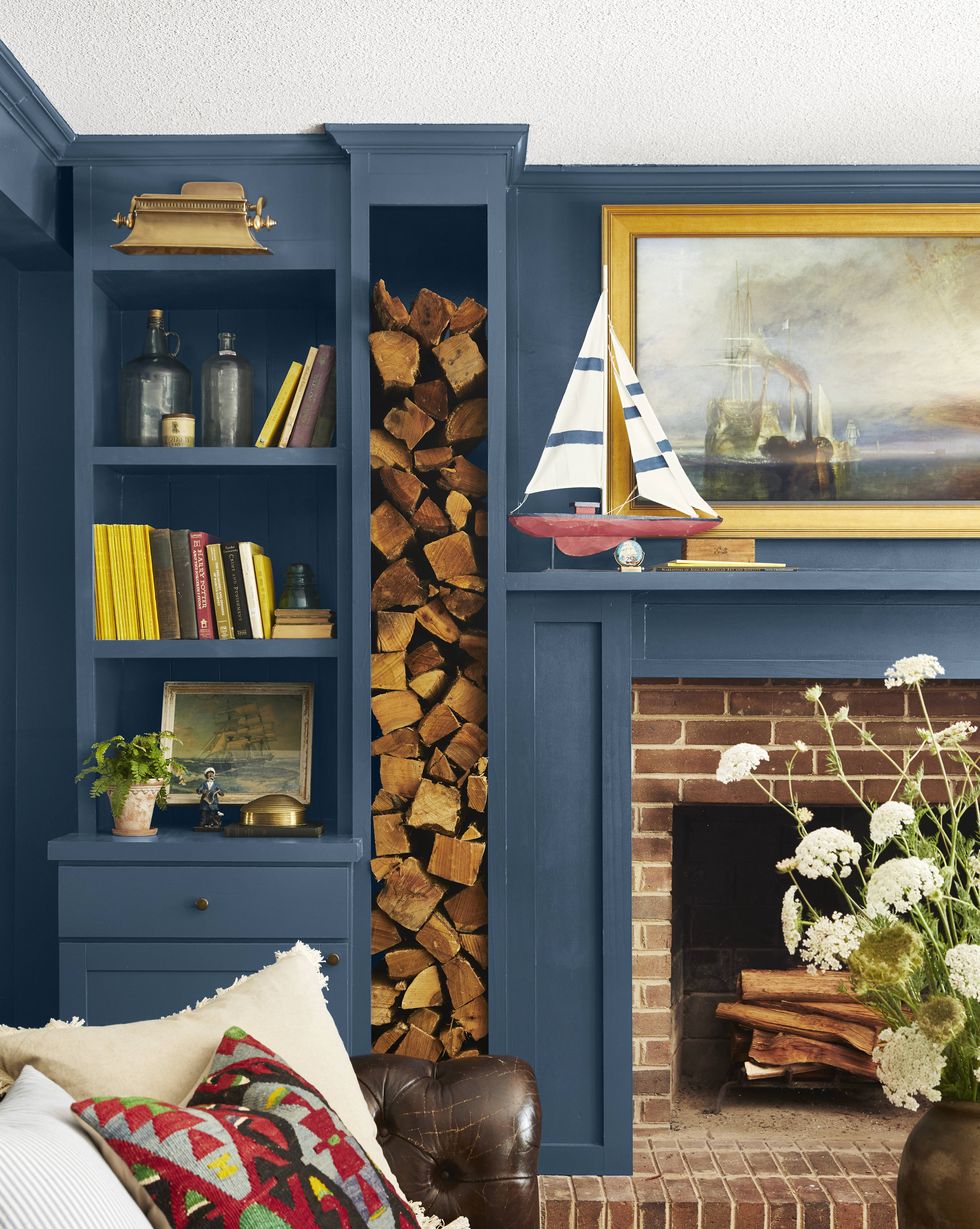 blue living room with fireplace