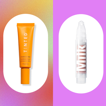sunscreen makeup products on a pink orange and purple background