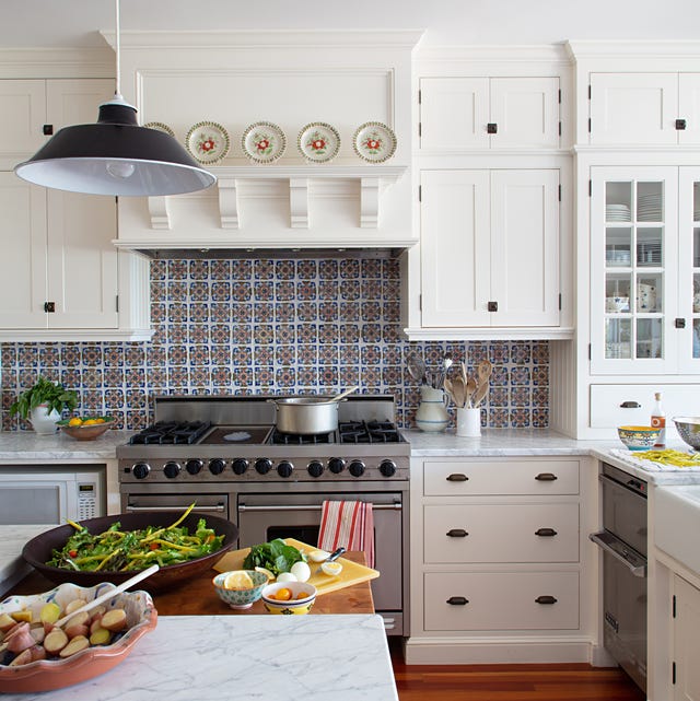 white kitchen with patterned backsplash white kitchen with patterned backsplash