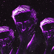 the purple silhouette of a man with his hand over his mouth is layered in triplicate over a dark starry sky