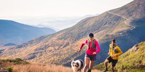 man and woman trail running with dog in mountains at sunrise