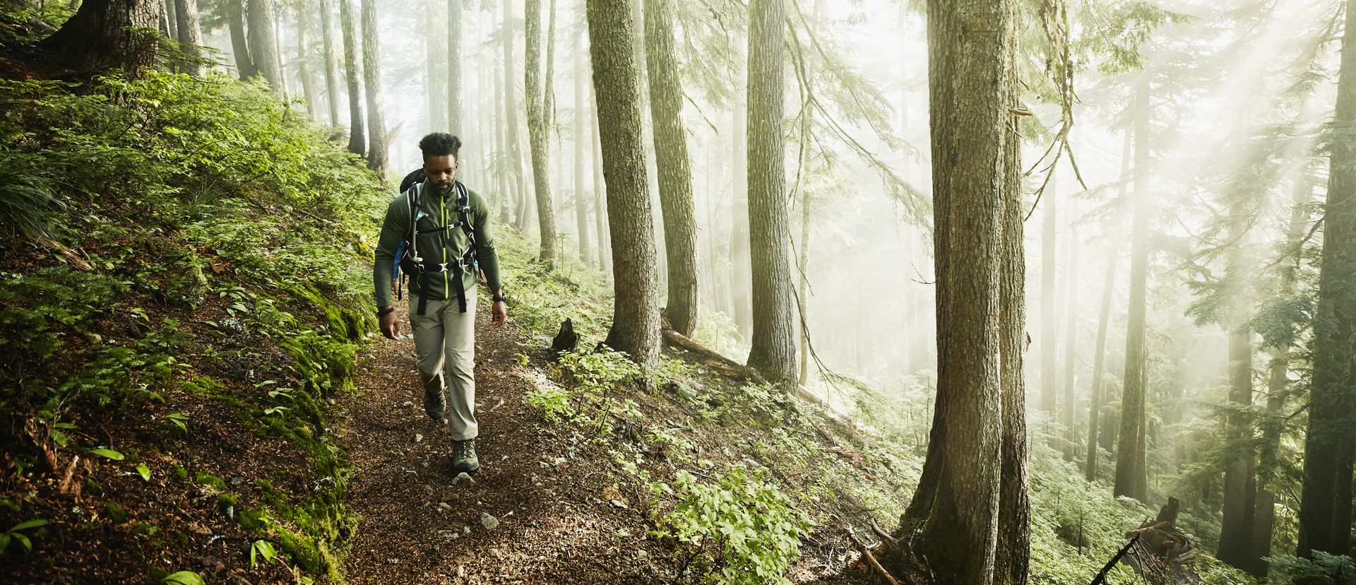 Man hiking along trail in forest on foggy morning