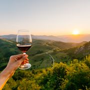 man holding a glass of red wine surrounded by hills and mountains at sunset, personal perspective pov
