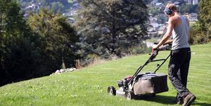 Man mowing the lawn.  France.