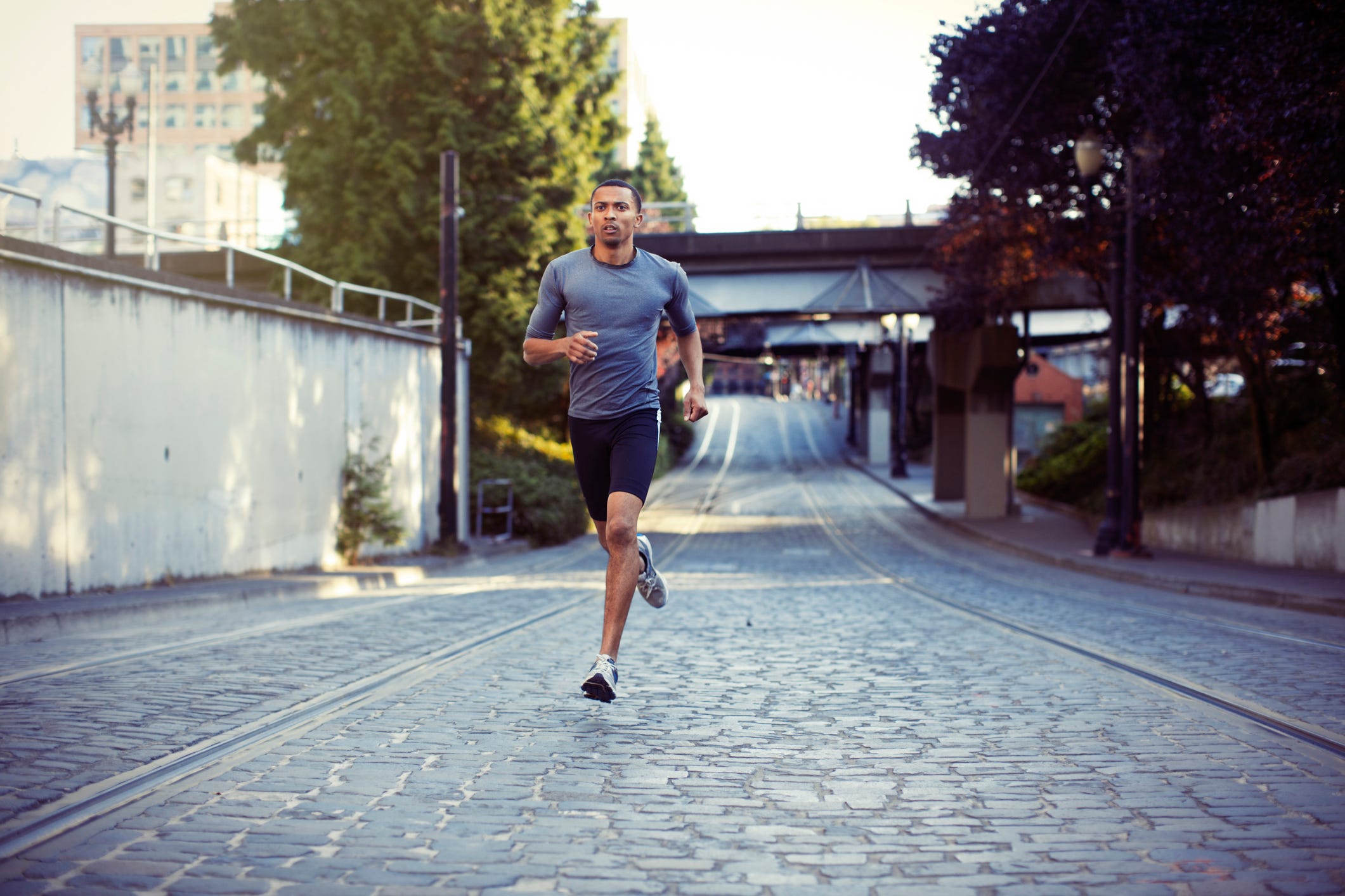 a man running in the city