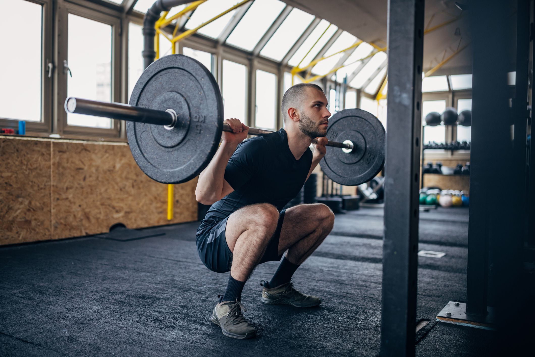 Bar with weights for squats sale