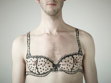 man with bra illustration over his chest