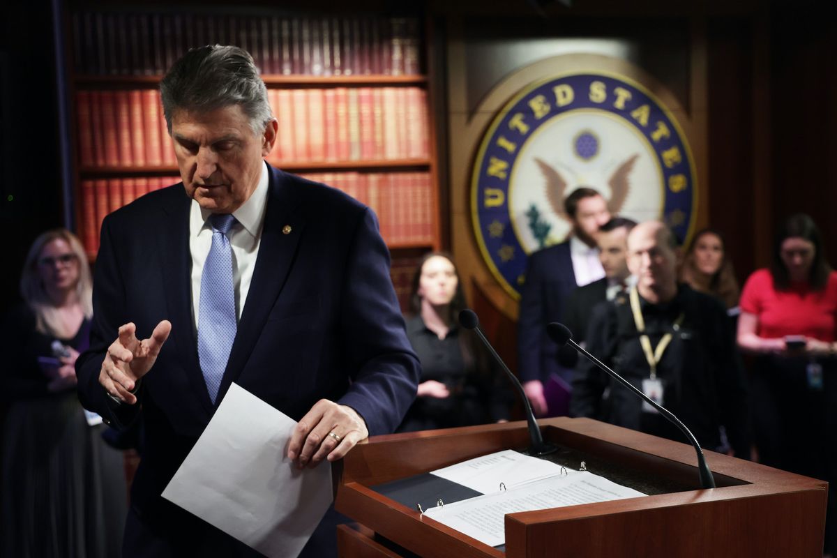 washington, dc   march 03  us sen joe manchin d wv arrives at a news conference at the us capitol march 3, 2022 in washington, dc a bipartisan group of us congressional members held a news conference to discuss the banning russian energy imports act  photo by alex wonggetty images
