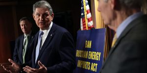 washington, dc   march 03  us sen joe manchin d wv speaks during a news conference at the us capitol march 3, 2022 in washington, dc a bipartisan group of us congressional members held a news conference to discuss the banning russian energy imports act  photo by alex wonggetty images