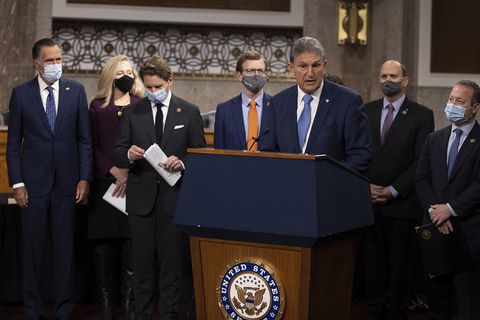 washington, dc   december 01 sen joe manchin d wv speaks alongside a bipartisan group of democrat and republican members of congress as they announce a proposal for a covid 19 relief bill on capitol hill on december 01, 2020 in washington, dc the roughly 908 billion proposal includes 288 billion in small business aid such as paycheck protection program loans, 160 billion in state and local government relief and 180 billion to fund a 300 per week supplemental unemployment benefit through march, according to a draft framework photo by tasos katopodisgetty images