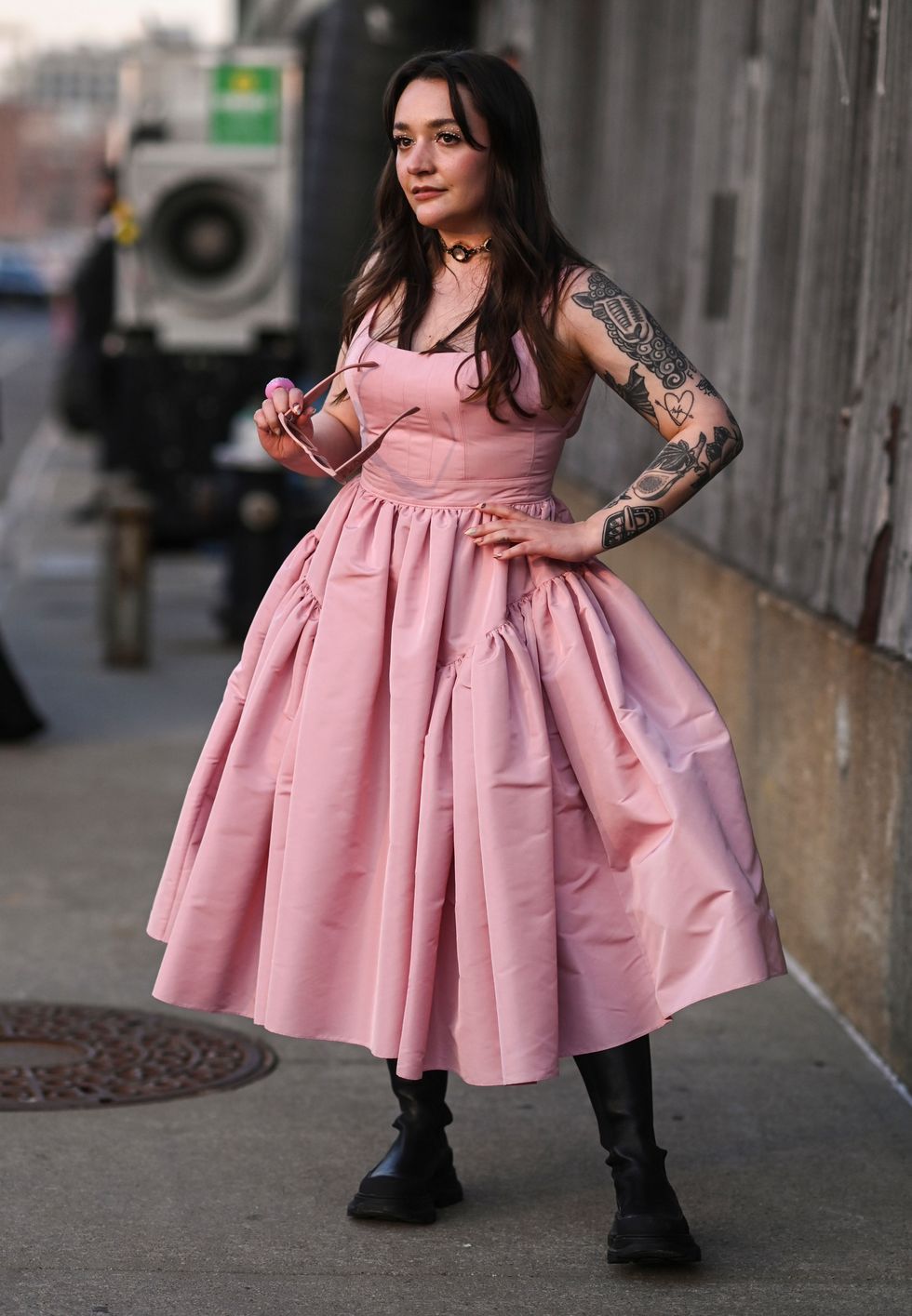 new york, new york march 15 mandy lee is seen wearing a pink alexander mcqueen dress outside the alexander mcqueen aw22 show on march 15, 2022 in the borough of brooklyn, new york photo by daniel zuchnikgetty images