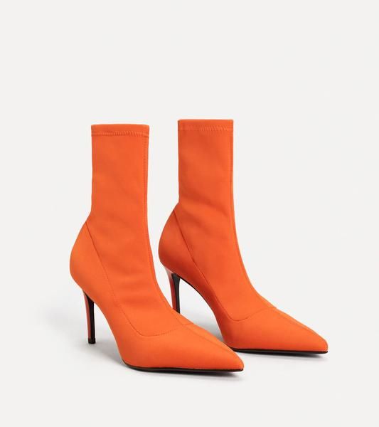 Footwear, Orange, High heels, Shoe, Boot, Yellow, Leather, Leg, Knee-high boot, Suede, 