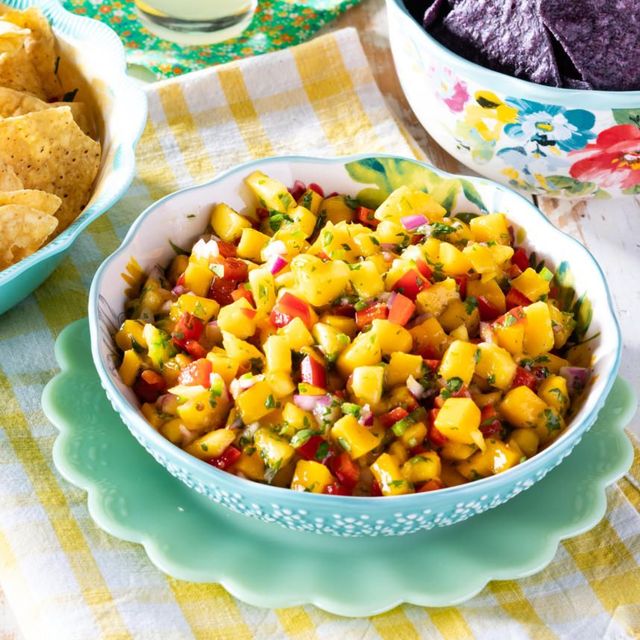 mango salsa with blue and yellow chips