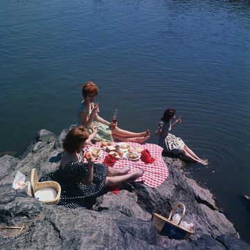 women enjoying a lakeside picnic