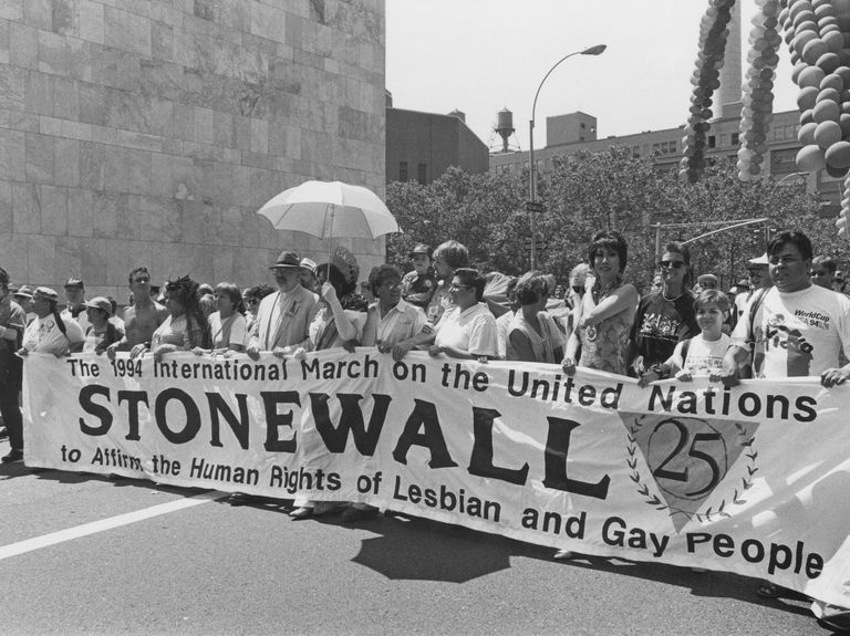 a march to commemorate the 25th anniversary of the stonewall riots, new york city, usa, 26th june 1994 the banner reads 'the 1994 international march on the united nations to affirm the human rights of lesbian and gay people' photo by barbara alpergetty images