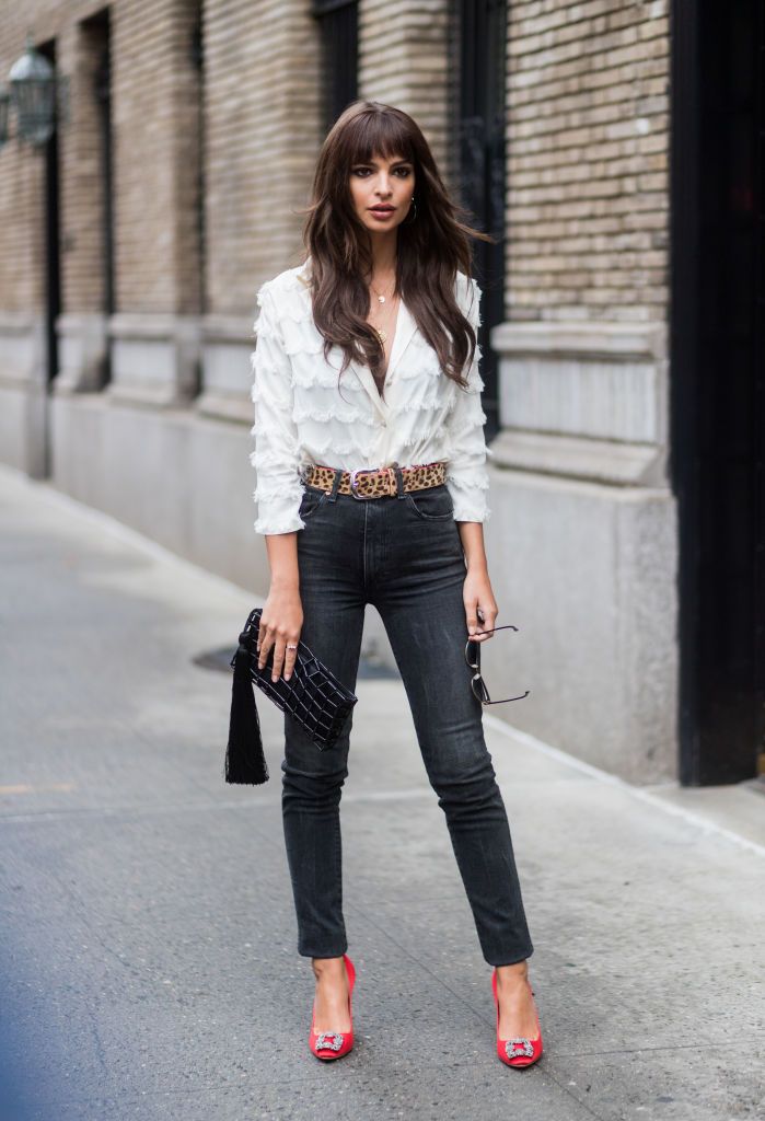 new york, ny   september 13  emily ratajkowski wearing ruffled blouse, skinny denim jeans seen in the streets of manhattan outside marc jacobs during new york fashion week on september 13, 2017 in new york city photo by christian vieriggetty images