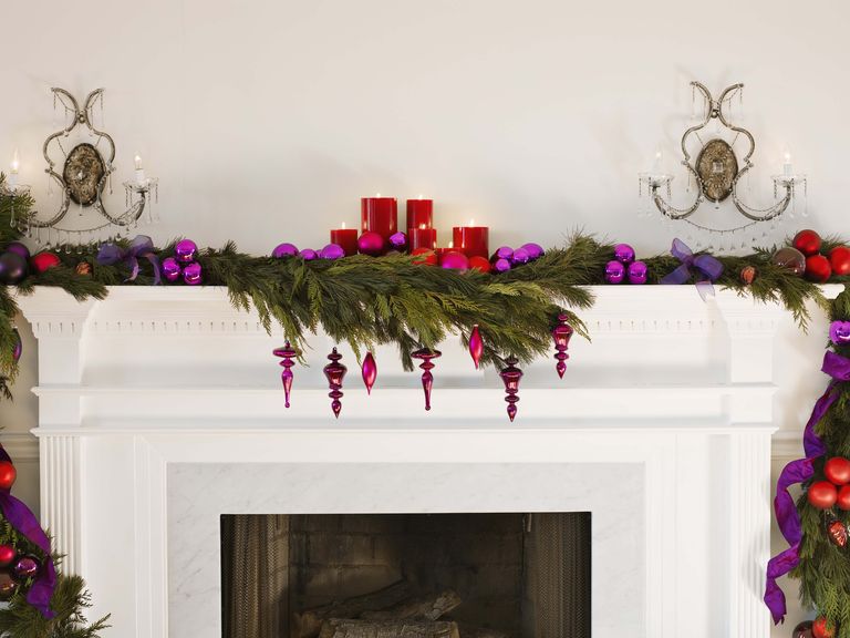 Mantle and fireplace with holiday decorations