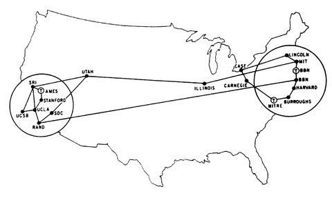 Map from 1972 showing the communication centers and relays (nodes) of new communication systems ARPANET (Advanced Research Projects Agency, U.S. Department of Defense, the predecessor of the internet). Network ARPANET (predecessor of the Internet which de