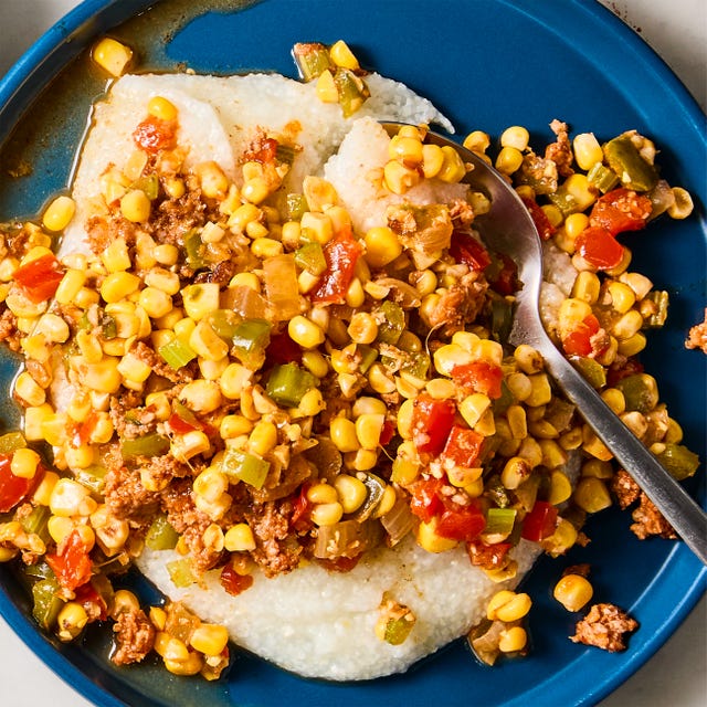 sausage, corn, and peppers in a skillet