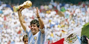 mexico city, mexico   june 29 diego maradona of argentina holds the world cup trophy after defeating west germany 3 2 during the 1986 fifa world cup final match at the azteca stadium on june 29, 1986 in mexico city, mexico photo by archivo el graficogetty images