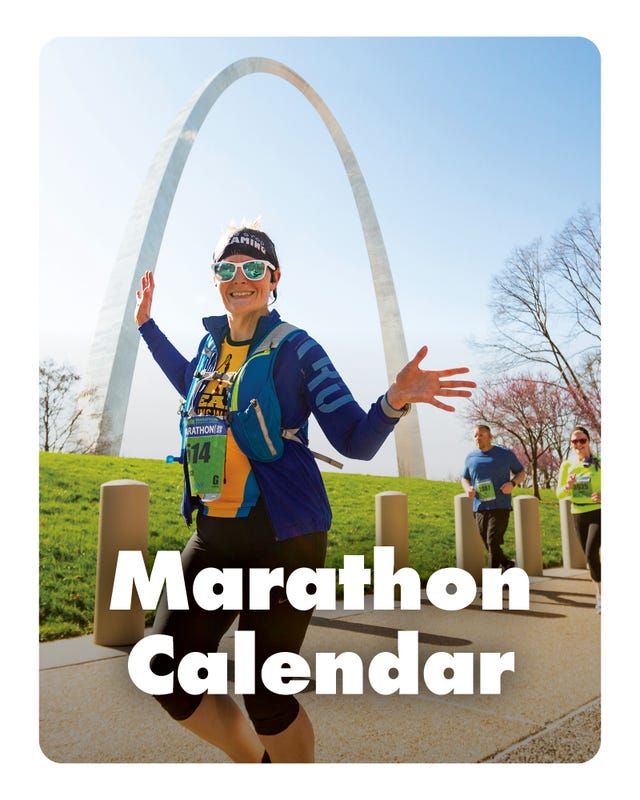 marathon event promotional image featuring runners and a landmark