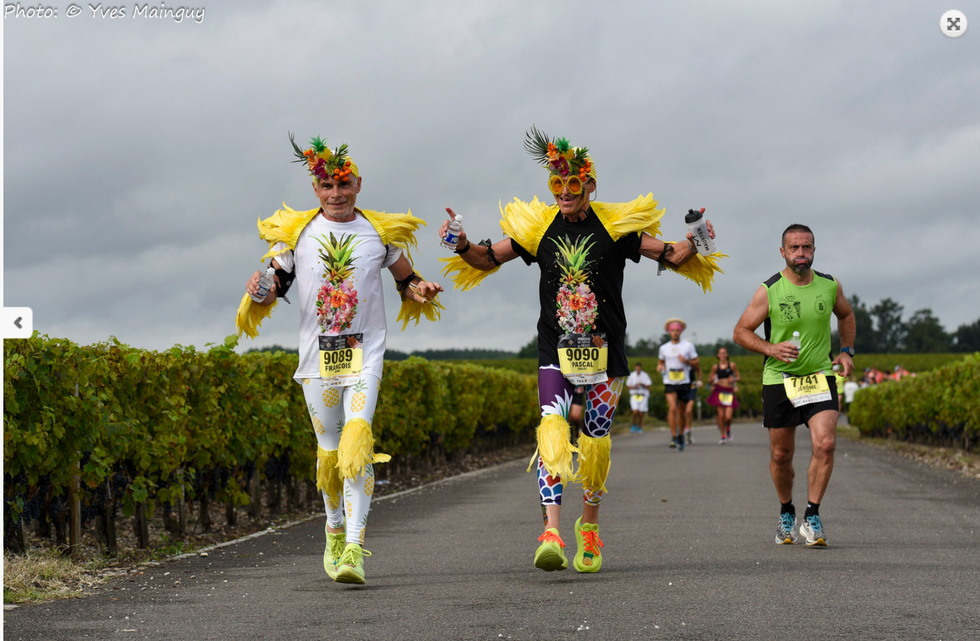 participants in a colorful running event wearing festive fruitthemed costumes