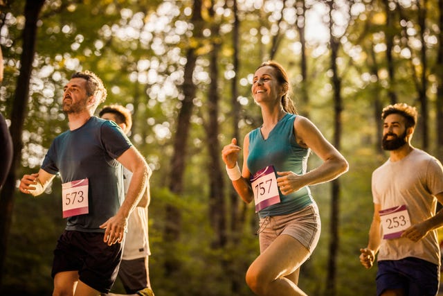 marathon runners having a race through the forest