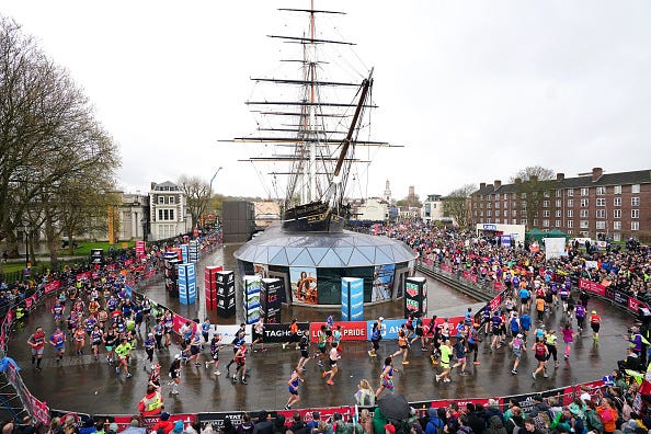 participants run past the cutty sark in greenwich during the tcs london marathon picture date sunday april 23, 2023 photo by zac goodwinpa images via getty images