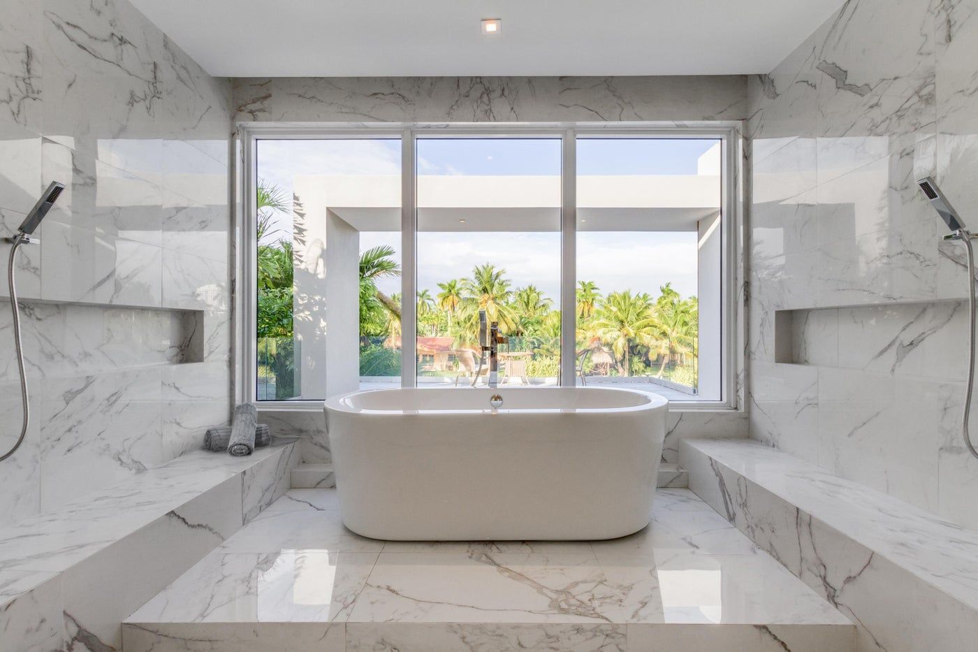 Shower with Marble Floating Shower Bench - Transitional - Bathroom