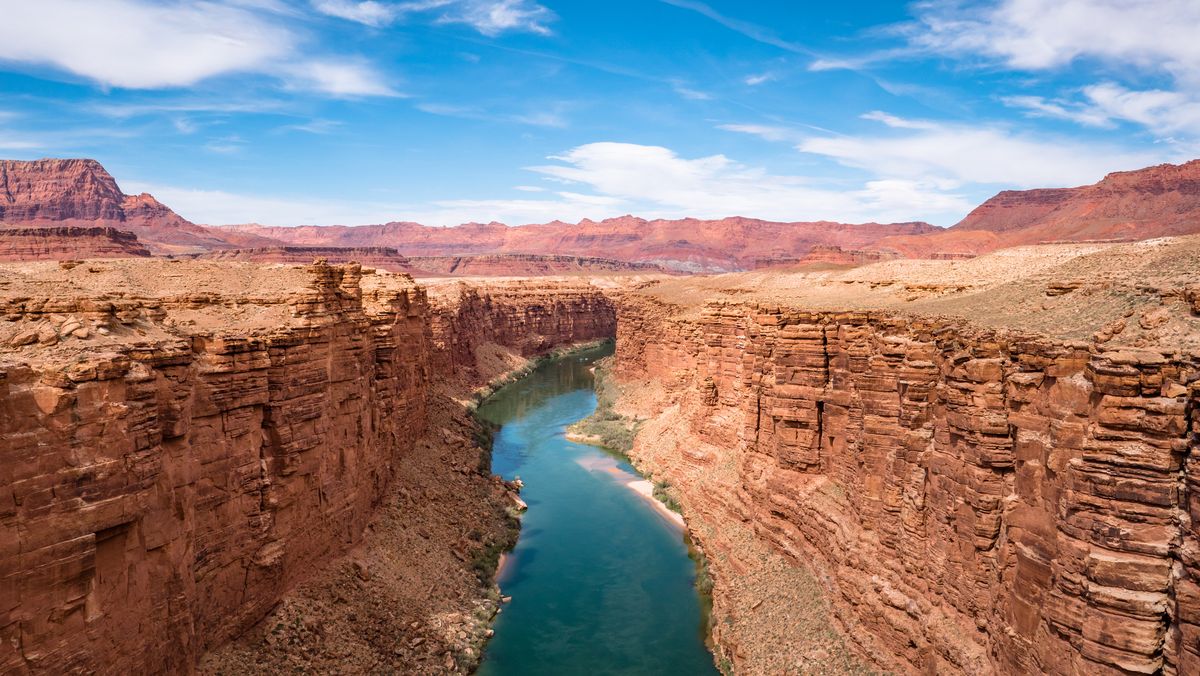 grand canyon national park 
page, usa   april 17, 2019 marble canyon bridge and colorado river near page arizona