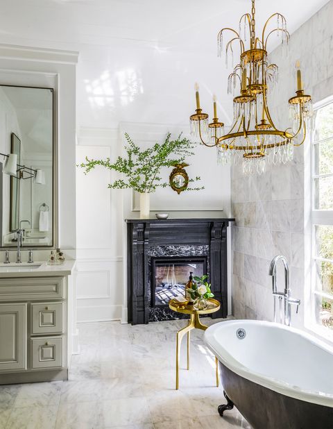 marble fireplace in bathroom