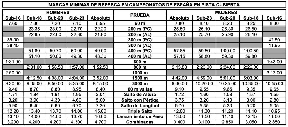 minimas repesca campeonatos de espana en pista cubierta 2024